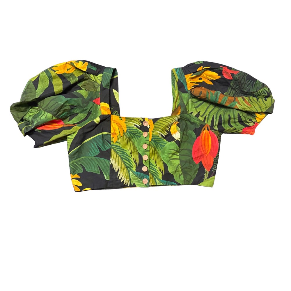 Farm Rio Cocoa Forest Tropical Puff Sleeve Button Front Crop Top Green Black